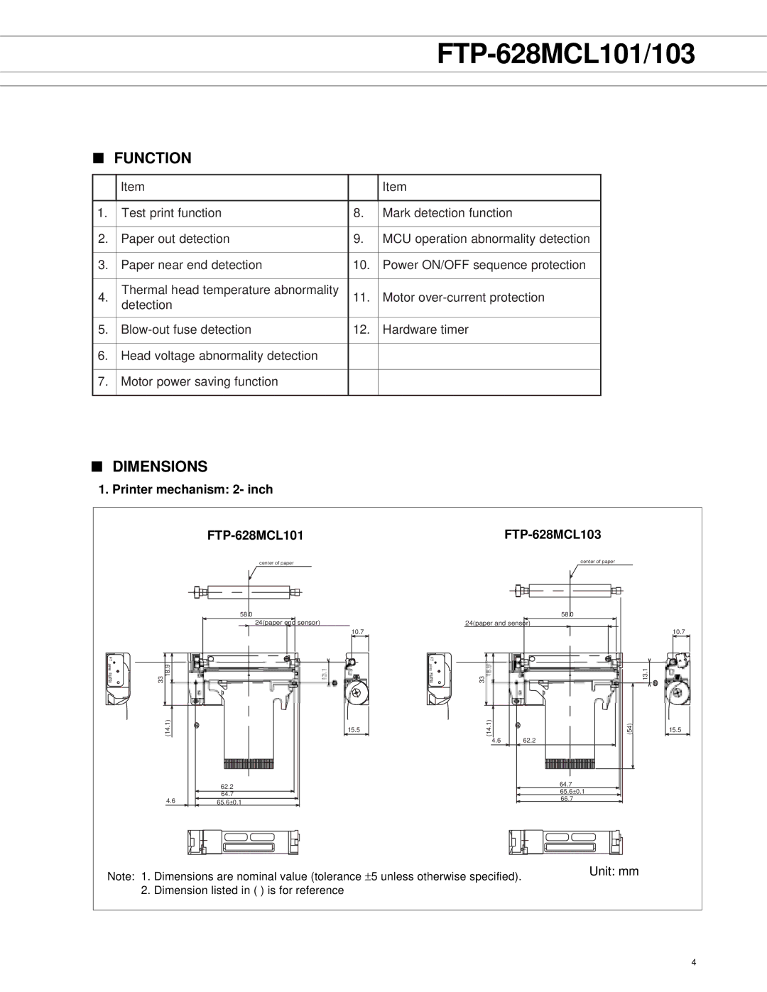 Fujitsu manual Function, Dimensions, Printer mechanism 2- inch FTP-628MCL101 FTP-628MCL103 