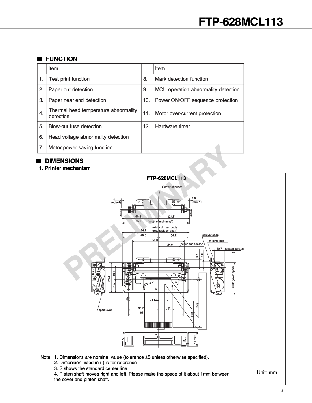 Fujitsu FTP-628MCL113 manual Function, Dimensions, Printer mechanism 