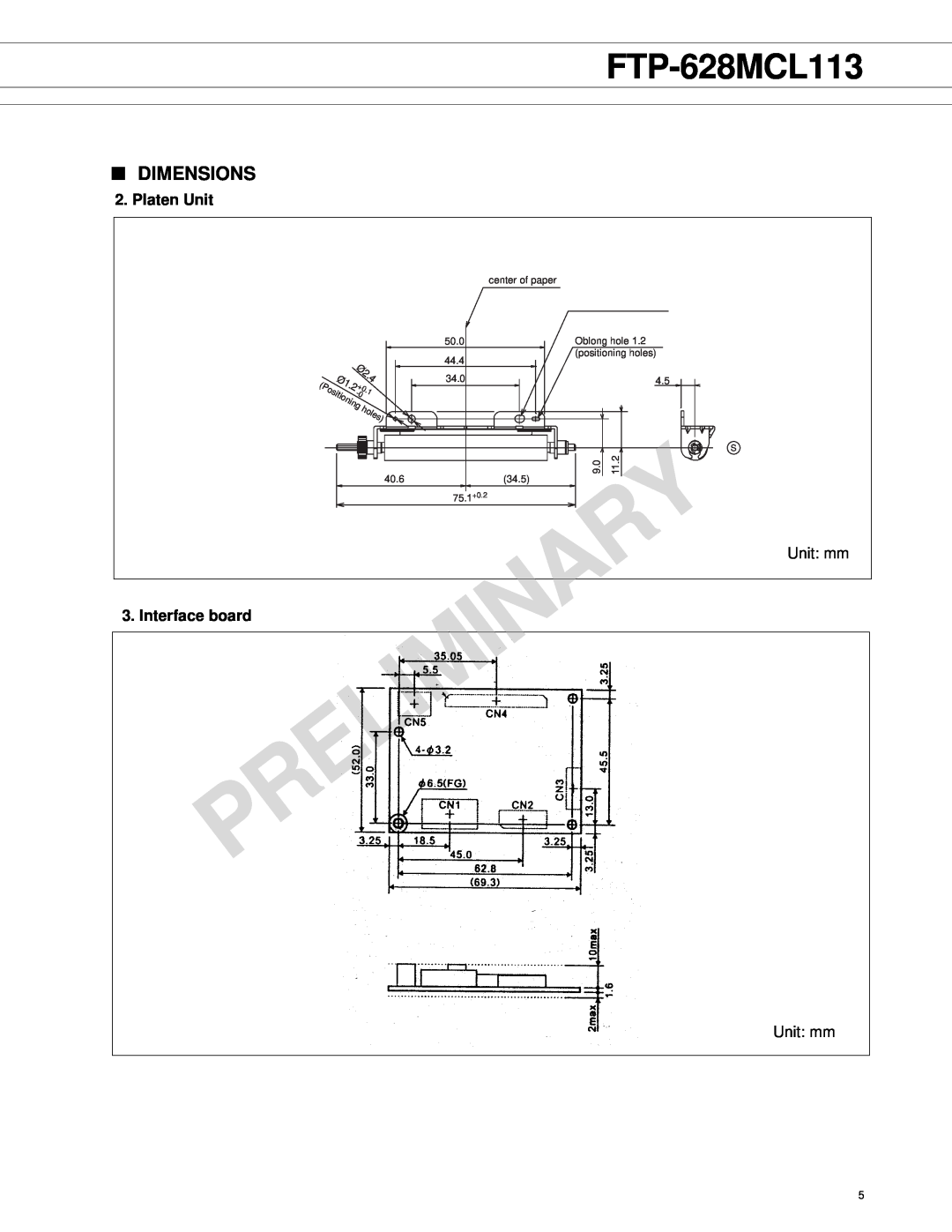 Fujitsu FTP-628MCL113 manual Platen Unit, Interface board, Preliminary, Dimensions, 34.0, ng h, 11.2, 40.6, 34.5, Unit mm 