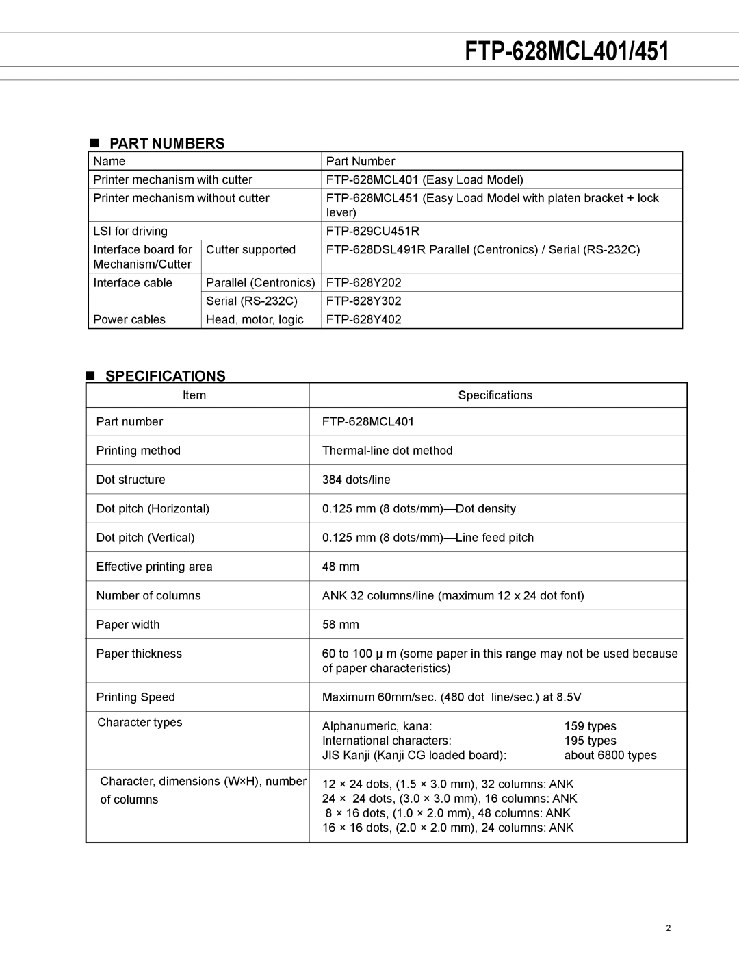 Fujitsu FTP-628MCL451, FTP-628MCL401 manual Part numbers, Specifications 