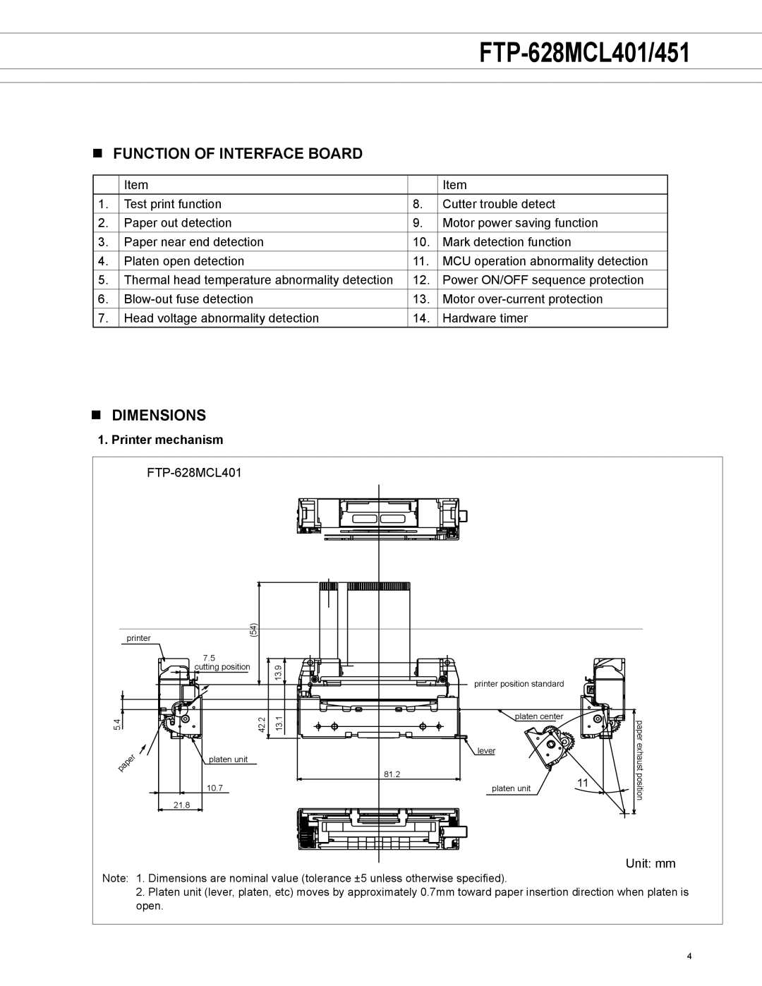 Fujitsu FTP-628MCL451, FTP-628MCL401 manual Function of Interface Board, Dimensions, Printer mechanism 