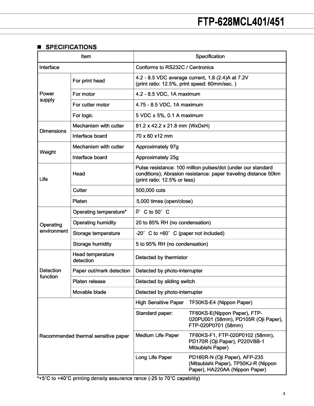 Fujitsu FTP-628MCL451 manual FTP-628MCL401/451, n SPECIFICATIONS 