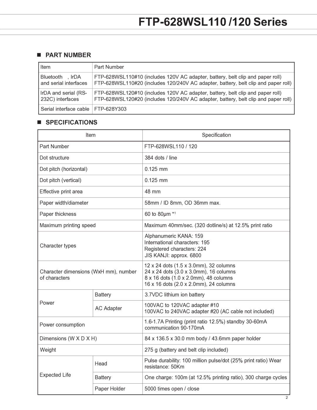 Fujitsu FTP-628WSL120, FTP-628WSL110 manual Part NUmber, Specifications 