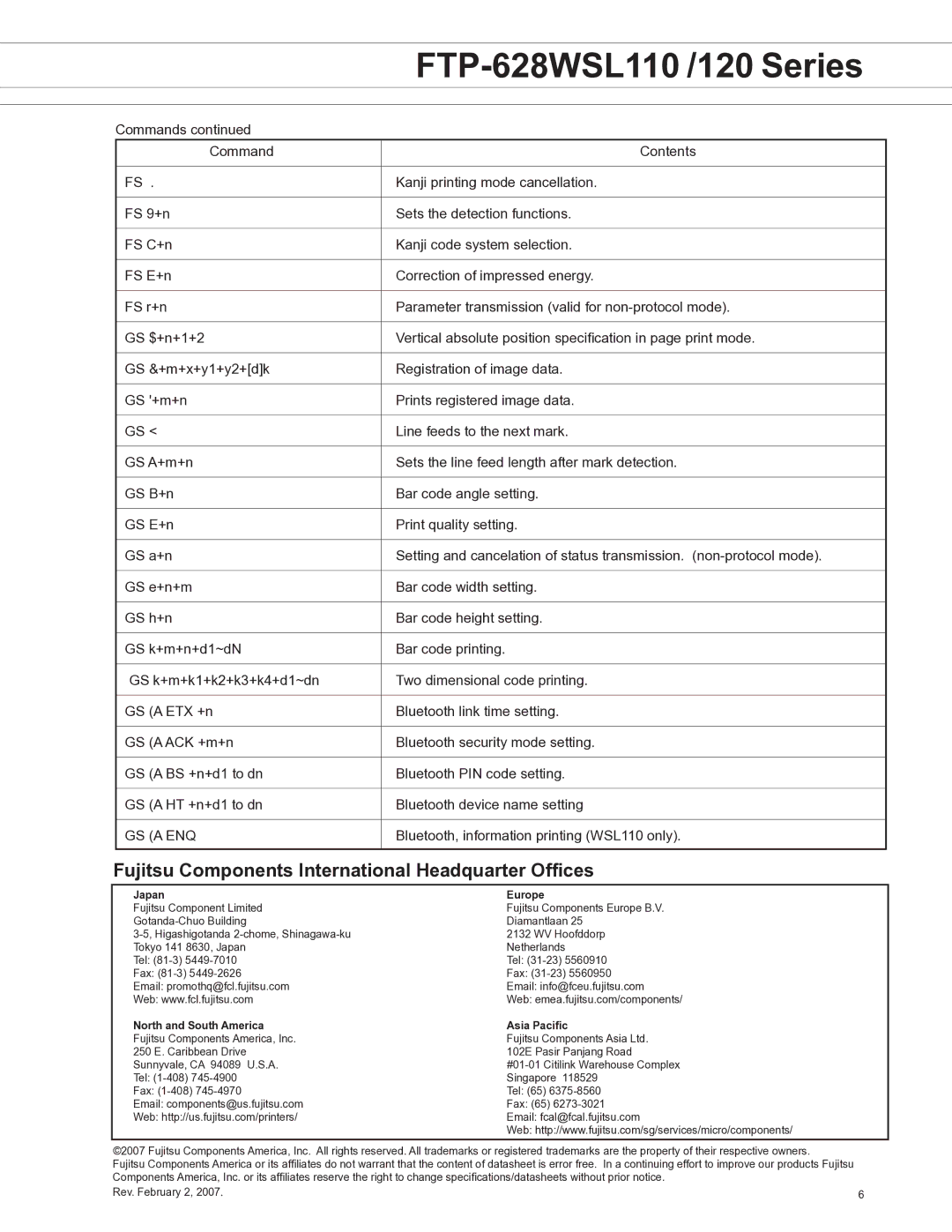 Fujitsu FTP-628WSL120, FTP-628WSL110 manual Fujitsu Components International Headquarter Offices, Japan Europe 