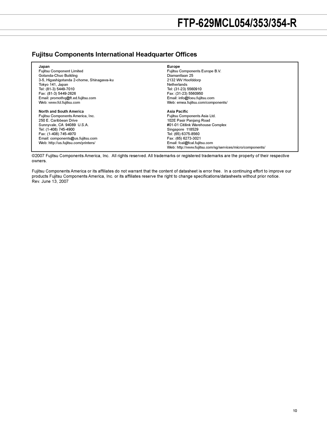 Fujitsu FTP-629MCL054 manual Fujitsu Components International Headquarter Offices, Japan Europe 