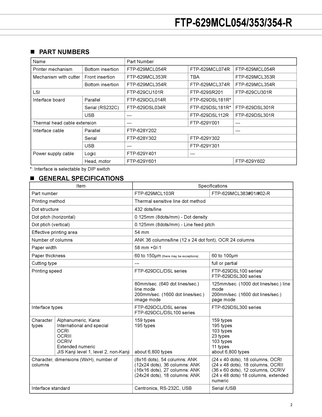 Fujitsu FTP-629MCL054 manual Part Numbers, General Specifications 