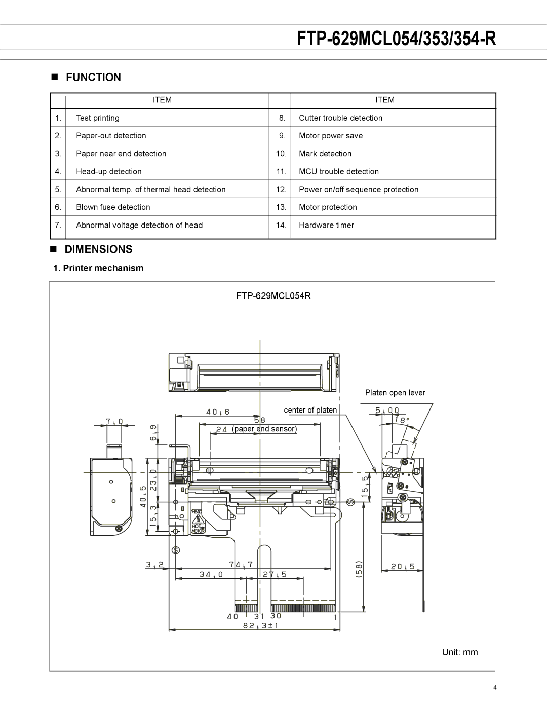 Fujitsu FTP-629MCL054 manual Function, Dimensions, Printer mechanism 