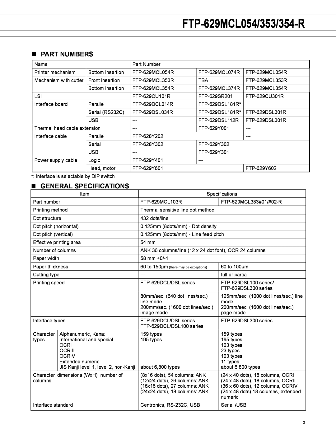 Fujitsu manual FTP-629MCL054/353/354-R, n part Numbers, n GENERAL SPECIFICATIONS 