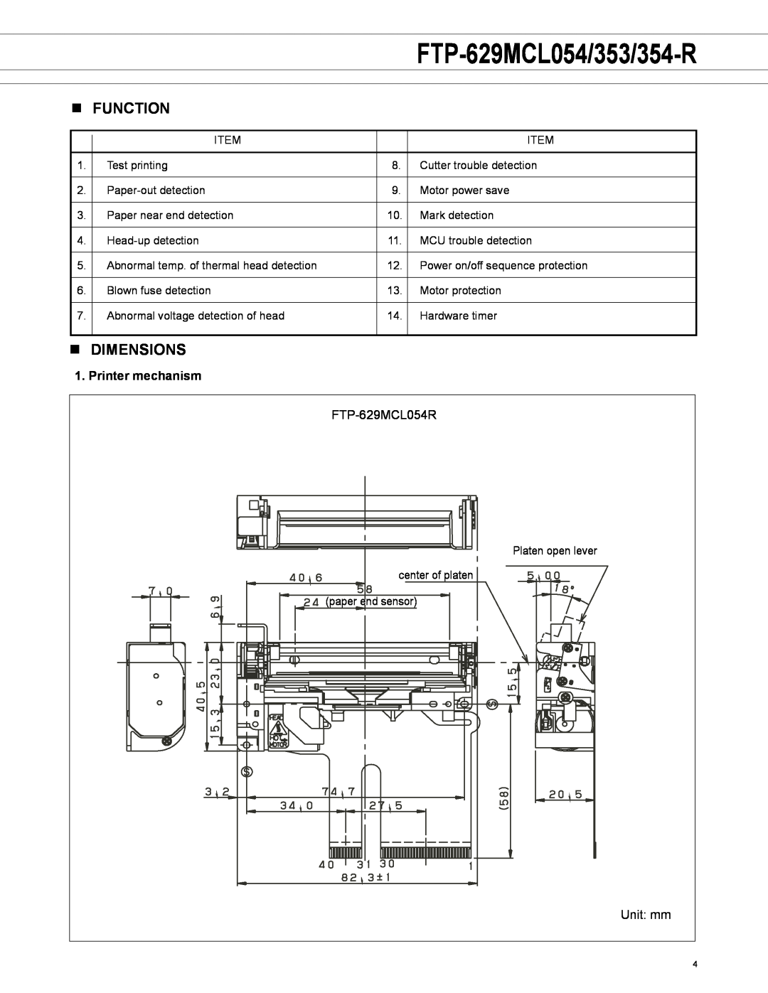Fujitsu manual n Function, n Dimensions, FTP-629MCL054/353/354-R, Printer mechanism 