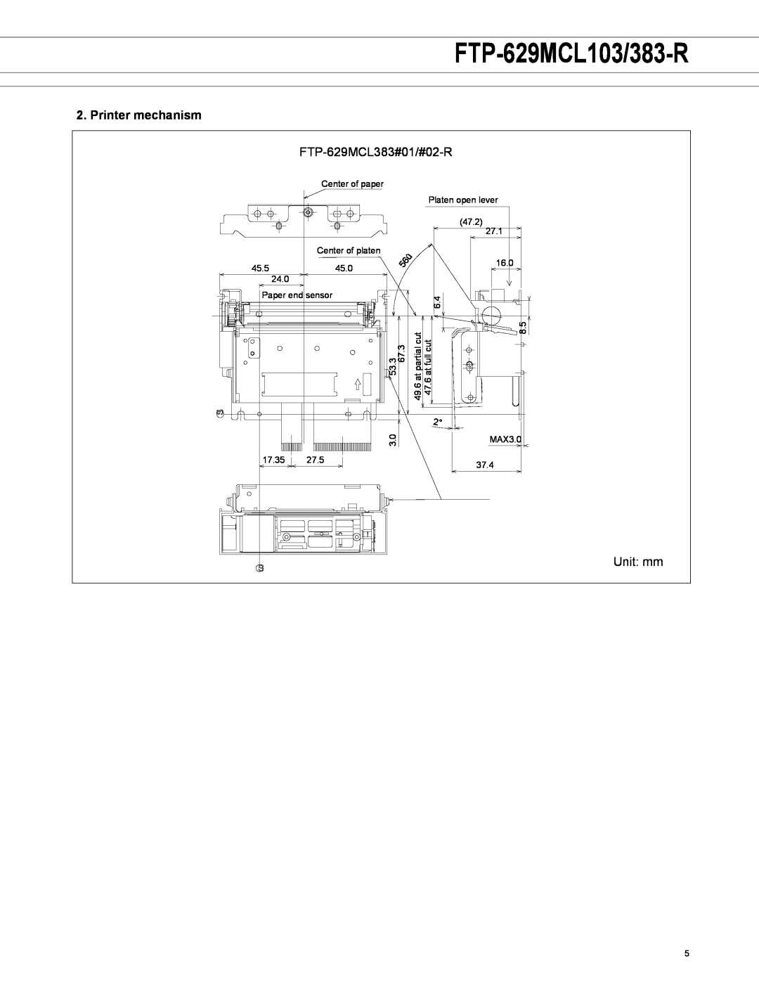 Fujitsu FTP-629MCL103-R, FTP-629MCL383-R, FTP-629DCL014R, FTP-6x9MCL103R manual FTP-629MCL103/383-R, Printer mechanism 