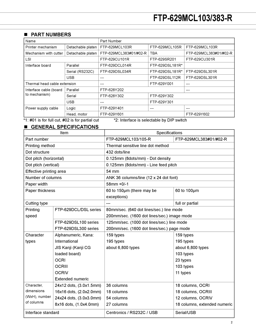 Fujitsu FTP-629DCL014R, FTP-629MCL383-R, FTP-629MCL103-R, FTP-6x9MCL103R manual Part numbers, General specifications 