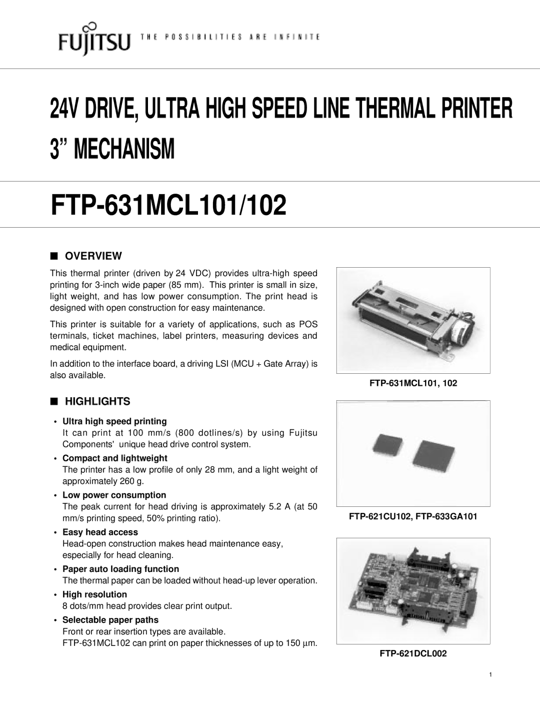 Fujitsu FTP-631MCL102, FTP-631MCL101 manual Overview, Highlights 