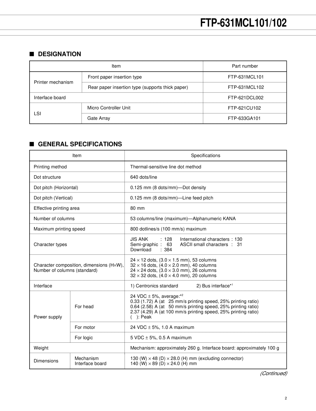 Fujitsu FTP-631MCL101, FTP-631MCL102 manual Designation, General Specifications 