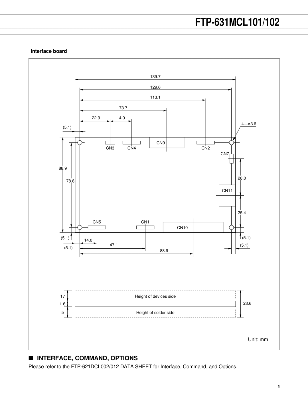 Fujitsu FTP-631MCL102, FTP-631MCL101 manual INTERFACE, COMMAND, Options, Interface board 