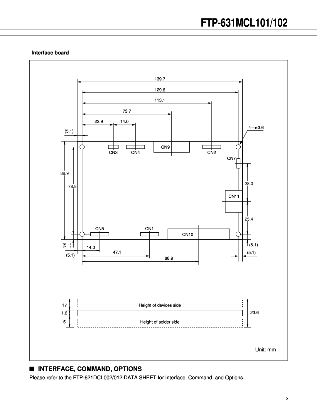 Fujitsu FTP-631MCL102 manual Interface, Command, Options, Interface board, FTP-631MCL101/102 