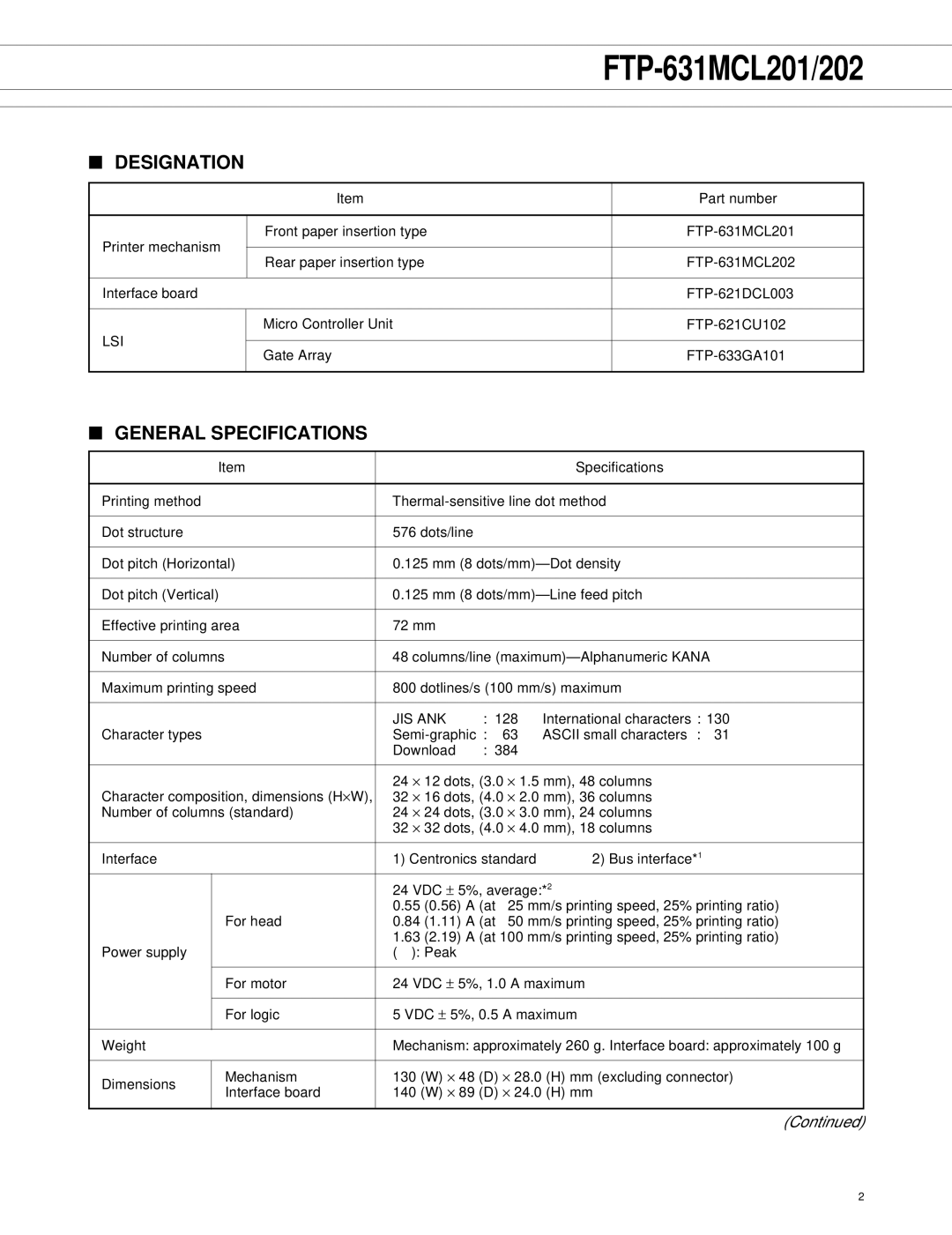 Fujitsu FTP-631MCL202, FTP-631MCL201 manual Designation, General Specifications 