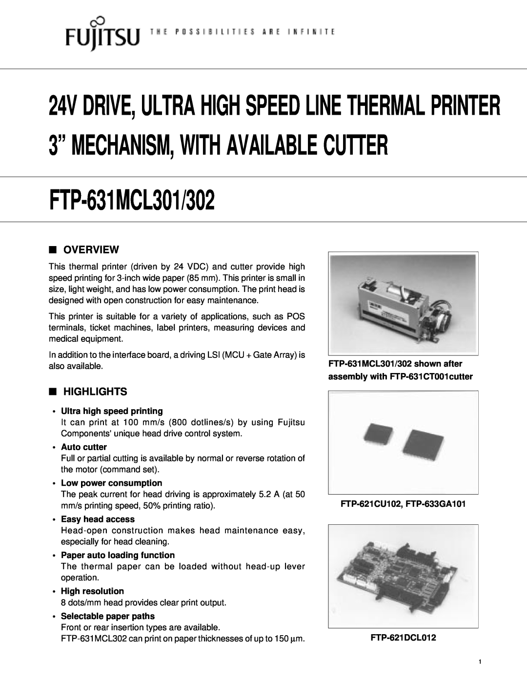 Fujitsu FTP-631MCL302 manual Overview, Highlights, FTP-631MCL301/302 shown after assembly with FTP-631CT001cutter 