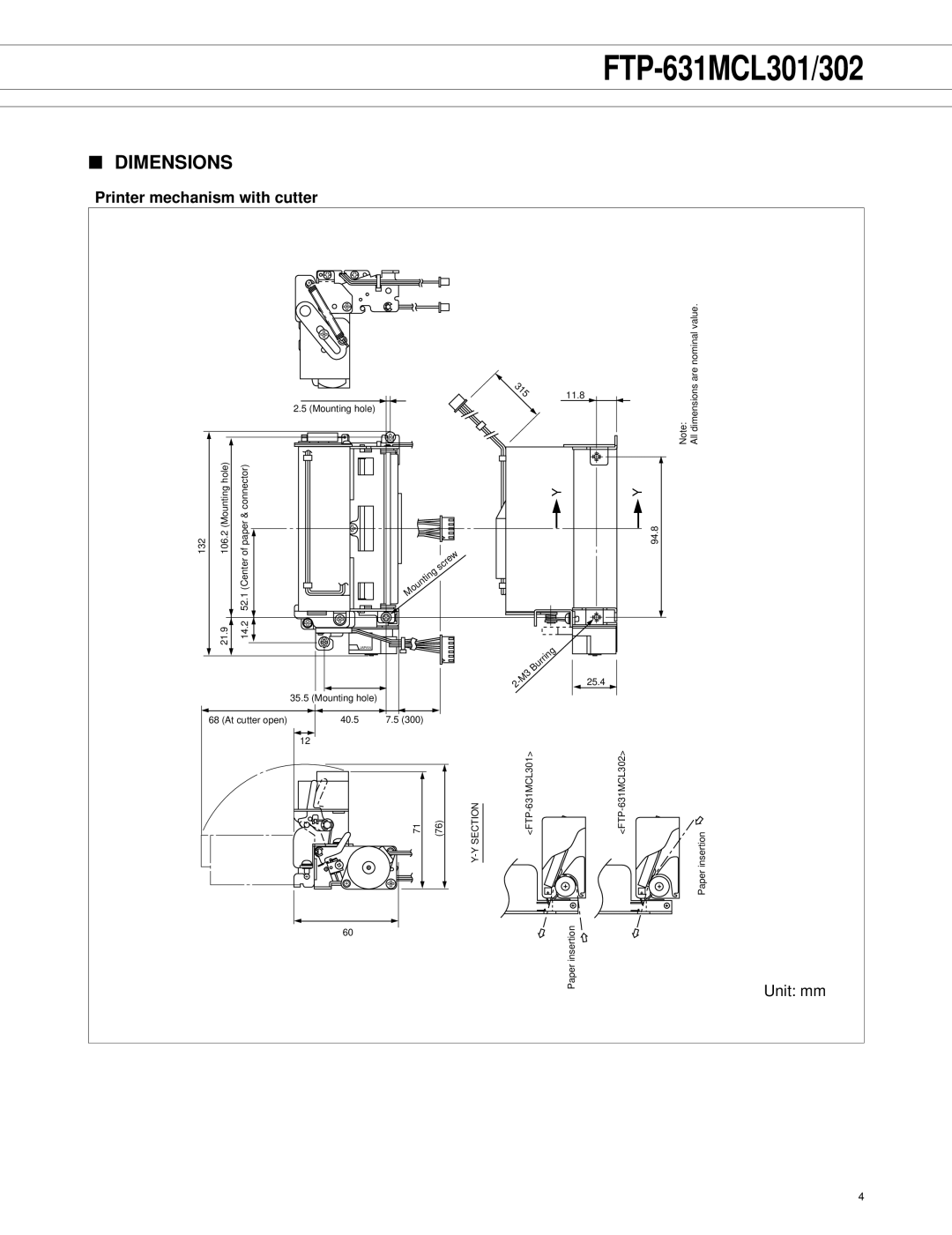 Fujitsu FTP-631MCL301, FTP-631MCL302 manual Dimensions, Printer mechanism with cutter 