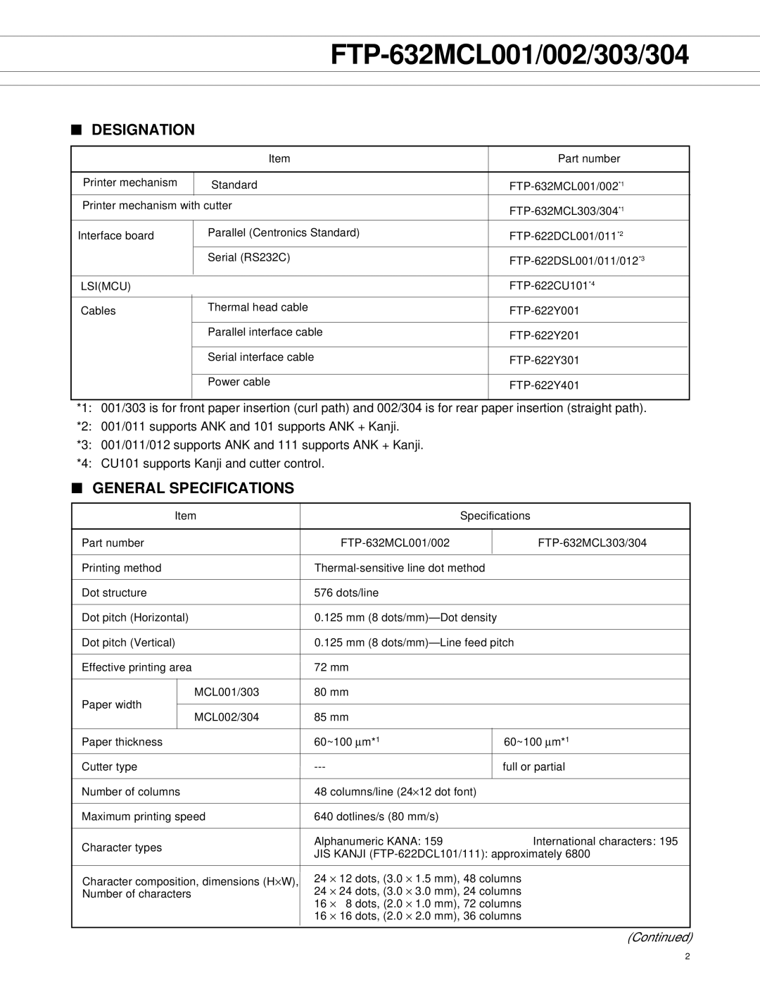 Fujitsu FTP-632MCL002, FTP-632MCL003, FTP-632MCL004, FTP-632MCL001 manual Designation, General Specifications 