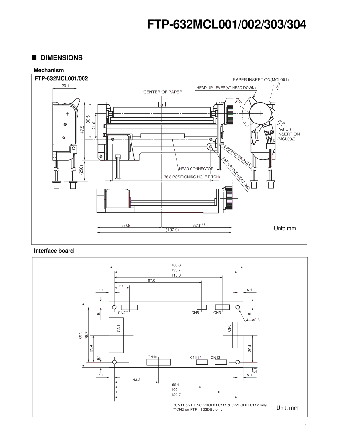 Fujitsu FTP-632MCL003, FTP-632MCL004, FTP-632MCL002 manual Dimensions, Mechanism FTP-632MCL001/002, Interface board 