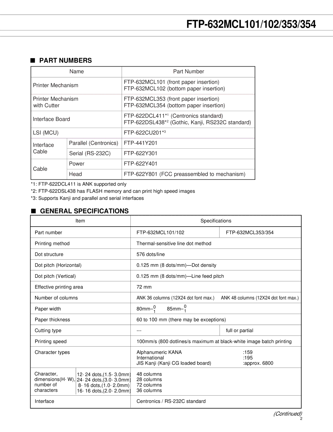 Fujitsu FTP-632MCL353, FTP-632MCL354, FTP-632MCL102, FTP-632MCL101 manual Part Numbers, General Specifications 