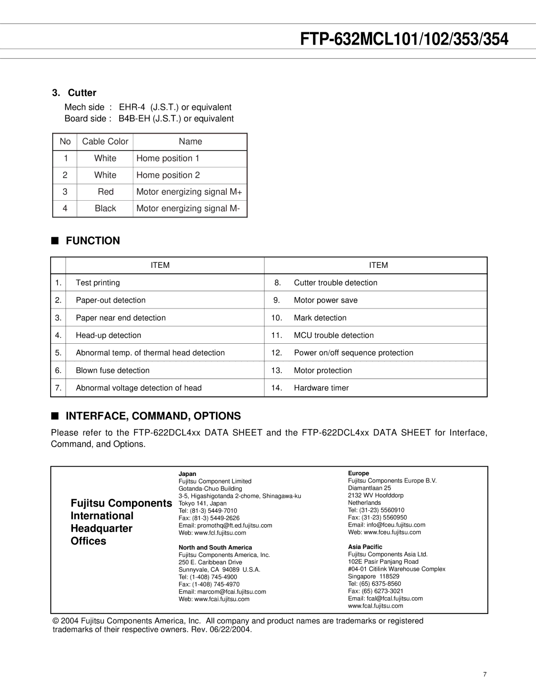 Fujitsu FTP-632MCL101, FTP-632MCL354, FTP-632MCL102, FTP-632MCL353 manual INTERFACE, COMMAND, Options, Cutter 