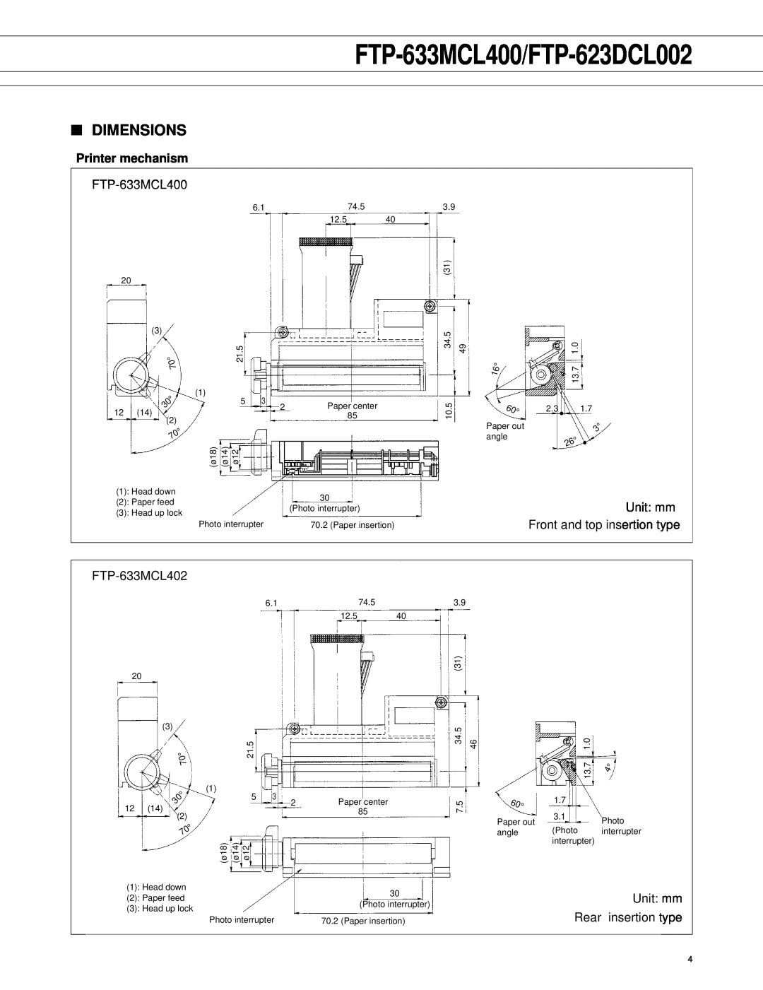 Fujitsu manual Dimensions, Printer mechanism, FTP-633MCL400/FTP-623DCL002 