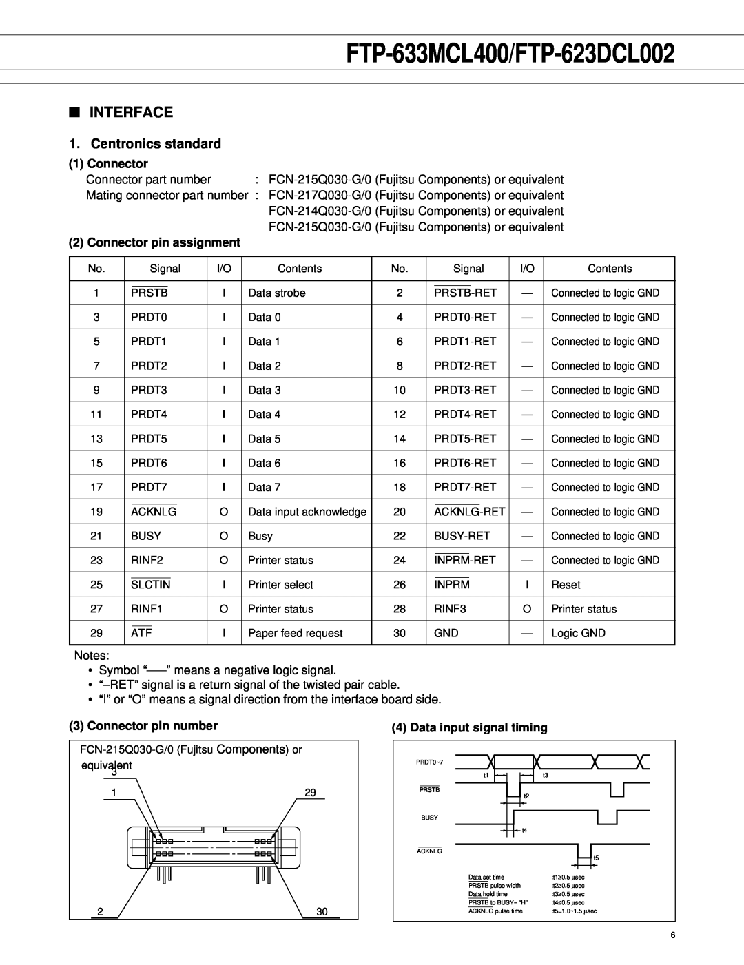 Fujitsu FTP-633MCL400 manual Interface, Centronics standard, Connector pin assignment, Connector pin number 