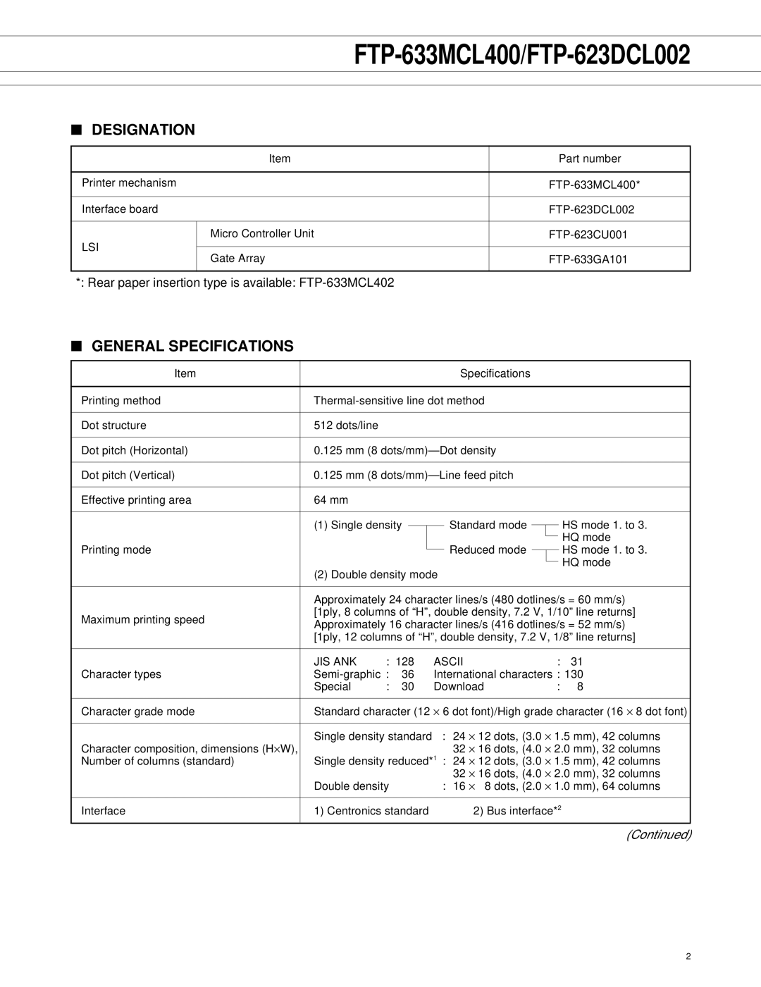 Fujitsu FTP-633MCL400 manual Designation, General Specifications 