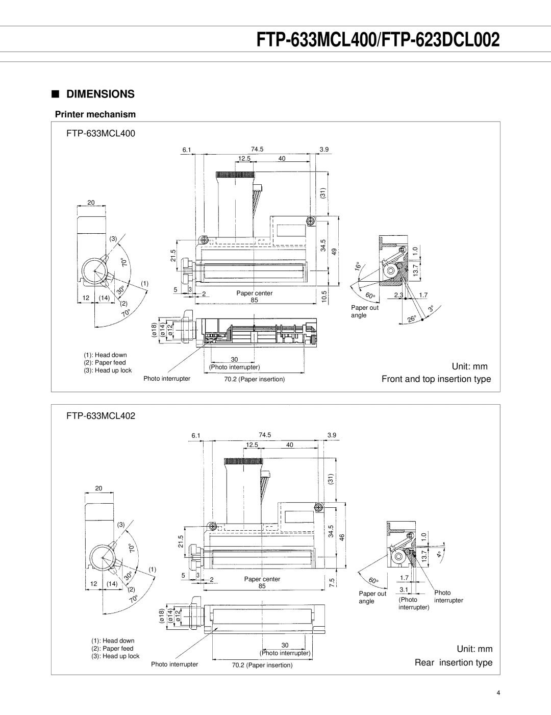 Fujitsu FTP-633MCL400 manual Dimensions, Printer mechanism 