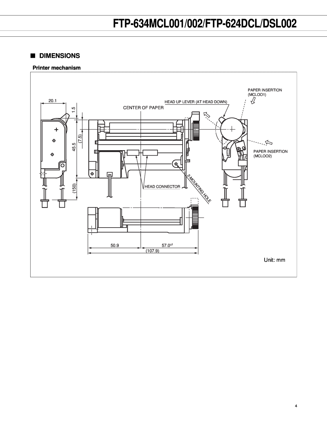 Fujitsu FTP-634MCL002 manual Dimensions, FTP-634MCL001/002/FTP-624DCL/DSL002, Printer mechanism 