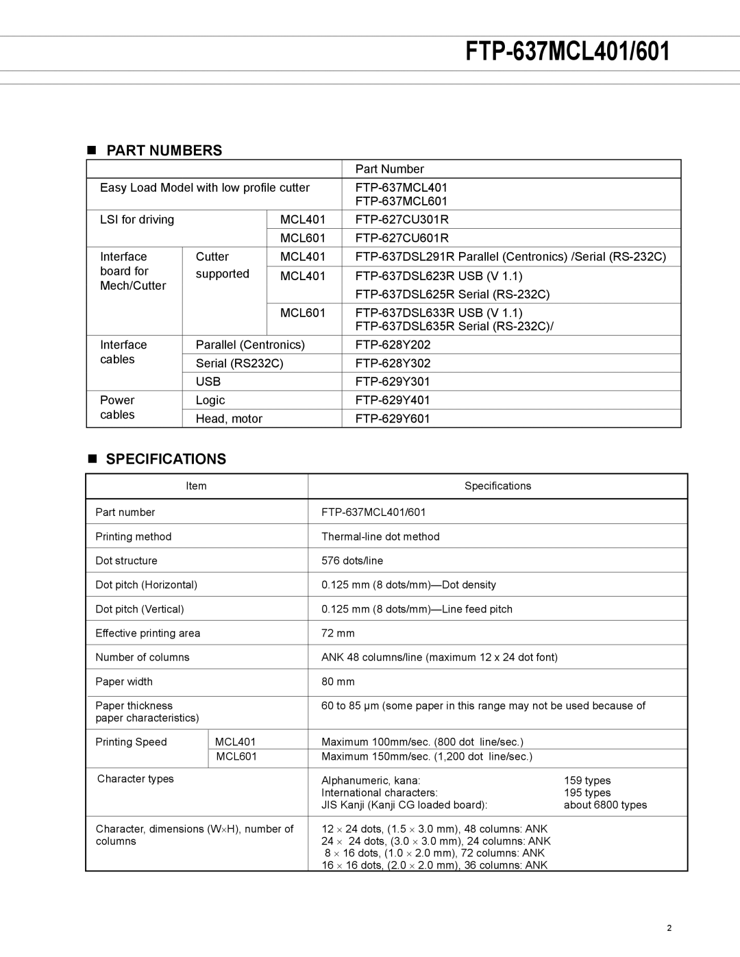 Fujitsu FTP-637MCL601, FTP-637MCL401 manual Part numbers, Specifications 