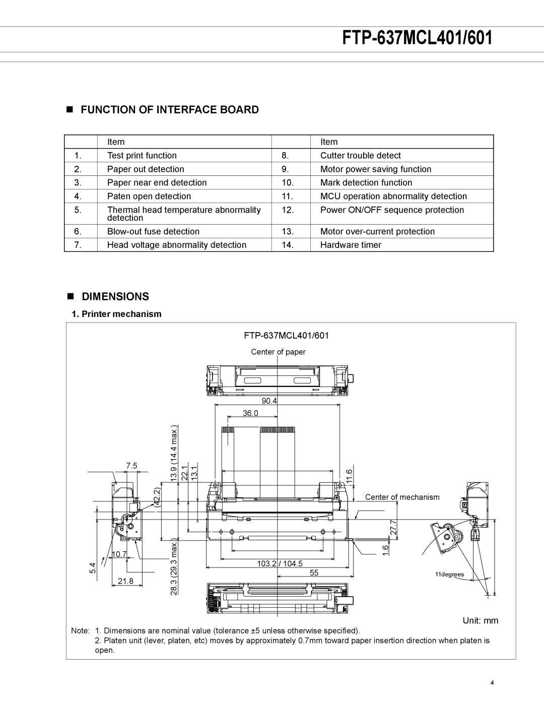 Fujitsu FTP-637MCL601, FTP-637MCL401 manual Function of Interface Board, Dimensions, Printer mechanism 