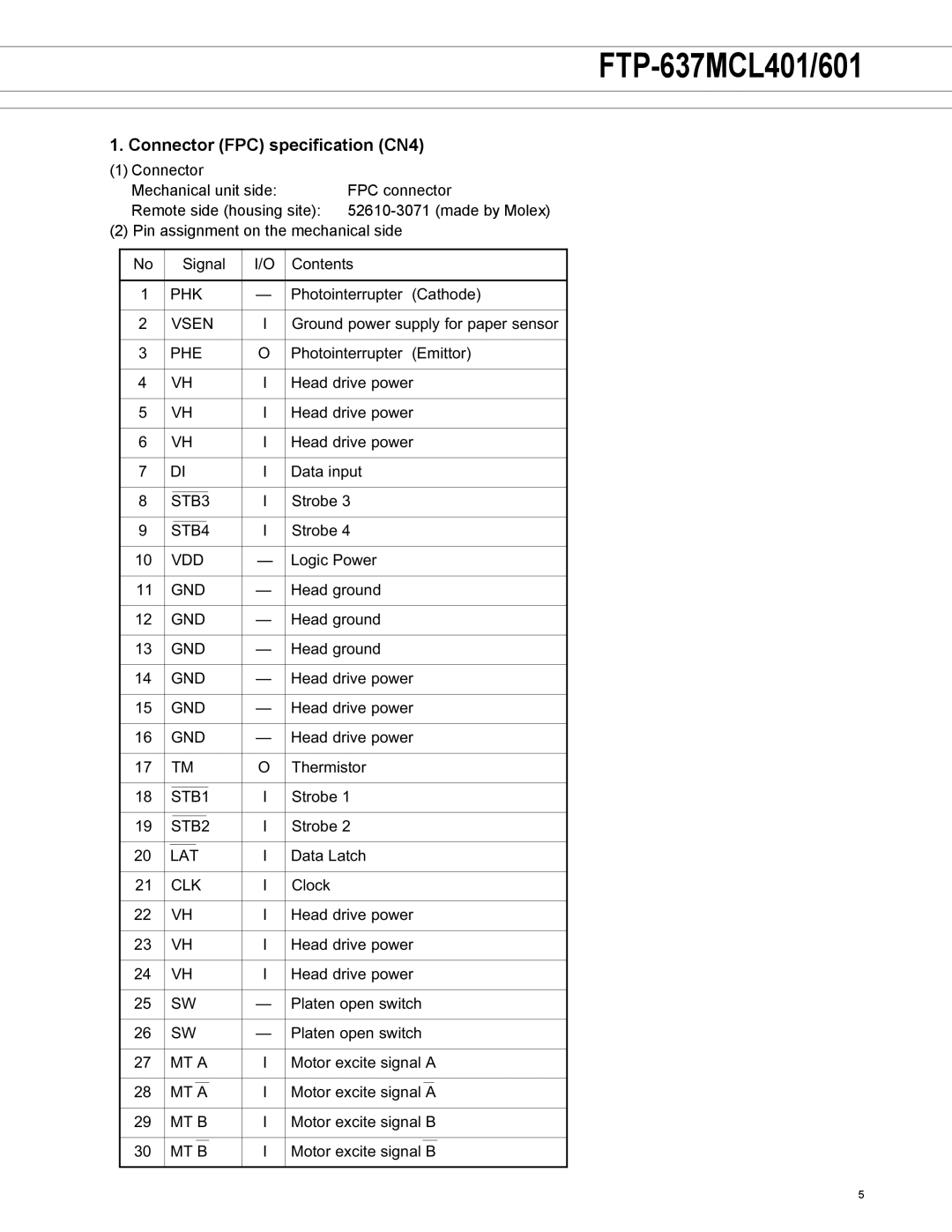 Fujitsu FTP-637MCL401, FTP-637MCL601 manual Connector FPC specification CN4, Phe 