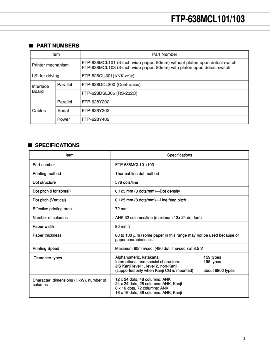 Fujitsu FTP-638MCL103 manual FTP-638MCL101/103, Part Numbers, Specifications 