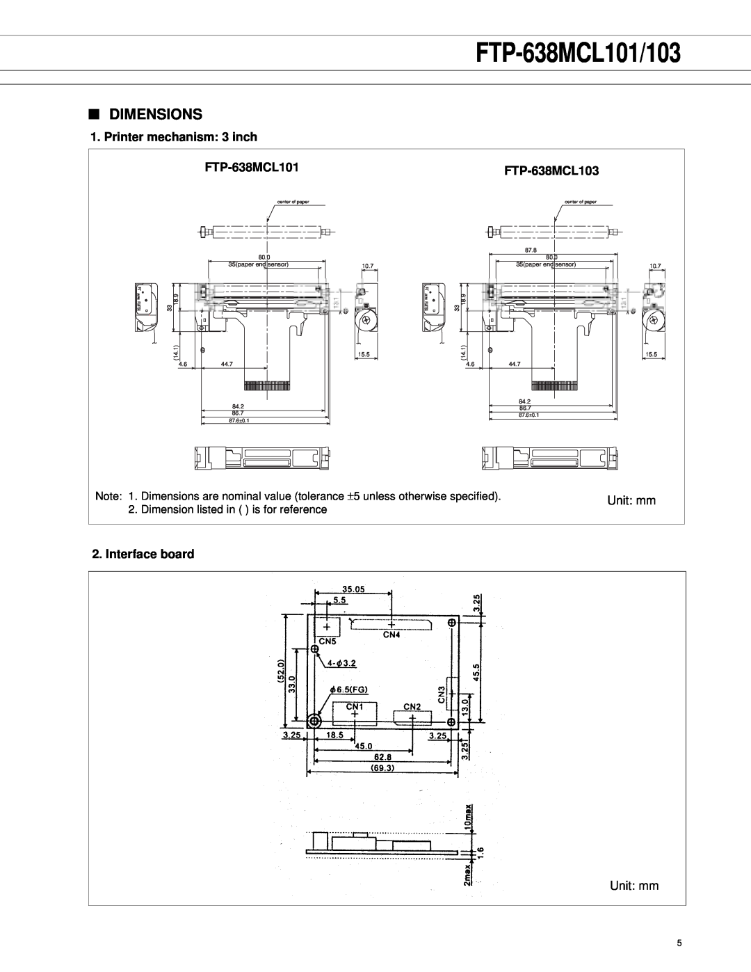 Fujitsu FTP-638MCL103 manual Dimensions, FTP-638MCL101/103, Printer mechanism 3 inch FTP-638MCL101, Interface board 