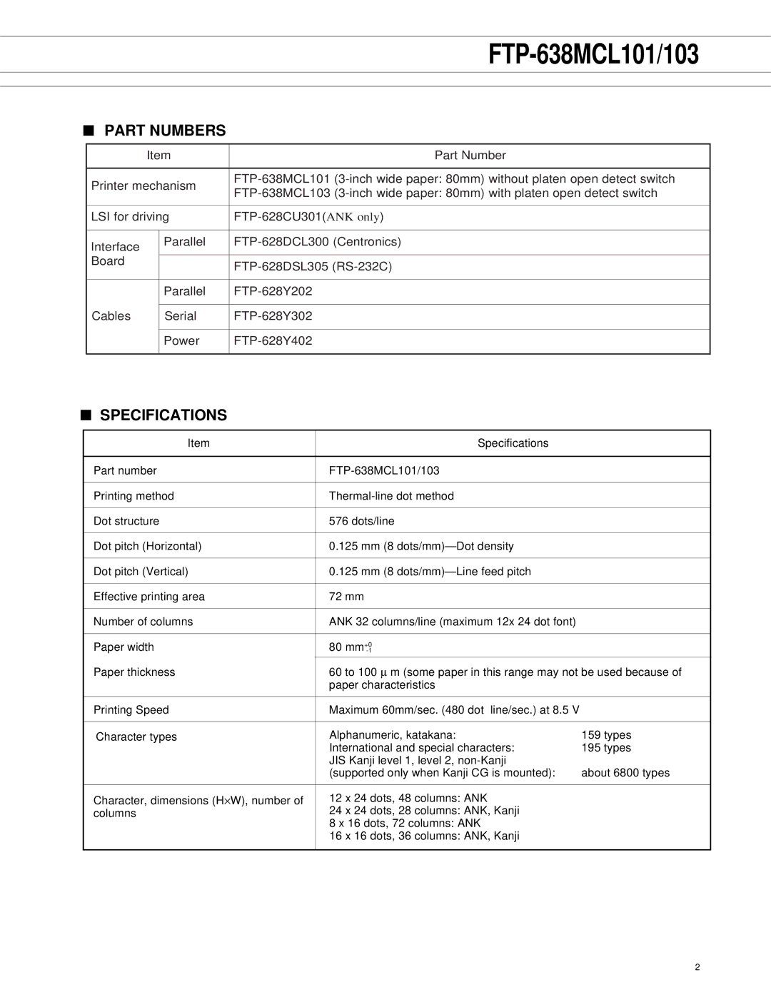 Fujitsu FTP-638MCL101, FTP-638MCL103 manual Part Numbers, Specifications 