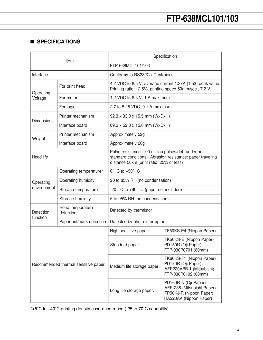 Fujitsu FTP-638MCL103, FTP-638MCL101 manual Specification 