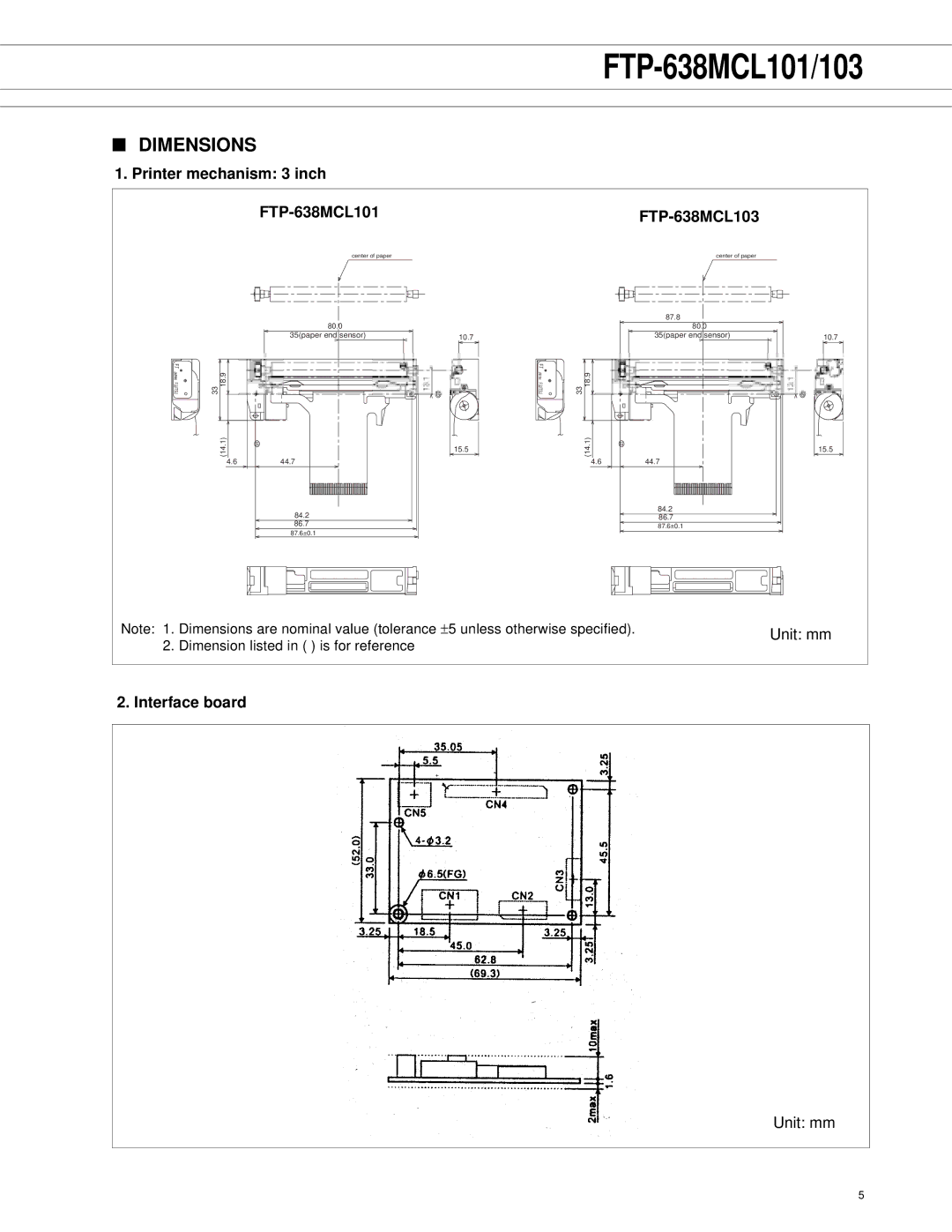 Fujitsu FTP-638MCL103 manual Dimensions, Printer mechanism 3 inch FTP-638MCL101, Interface board 