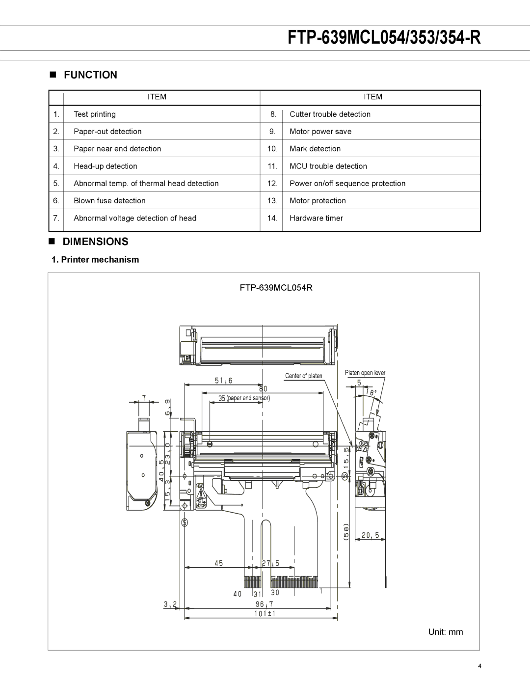 Fujitsu FTP-639MCL354-R, FTP-639MCL054, FTP-639MCL353 manual Function, Dimensions, Printer mechanism 