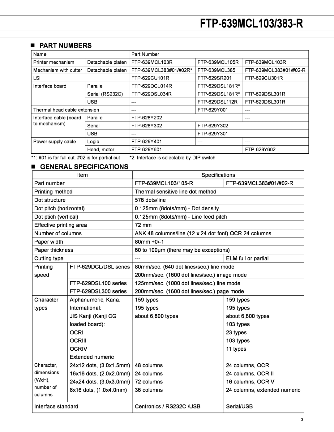 Fujitsu FTP-639MCL103/383-R manual n part Numbers, n GENERAL SPECIFICATIONS 