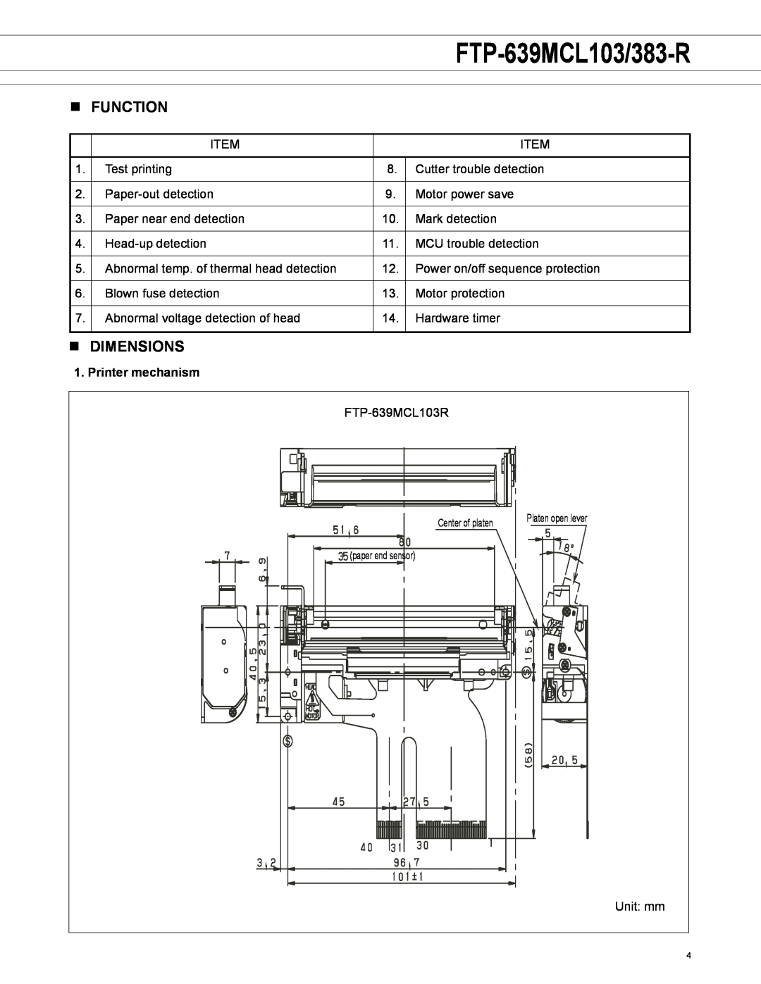 Fujitsu FTP-639MCL103/383-R manual n Function, n Dimensions, Printer mechanism 