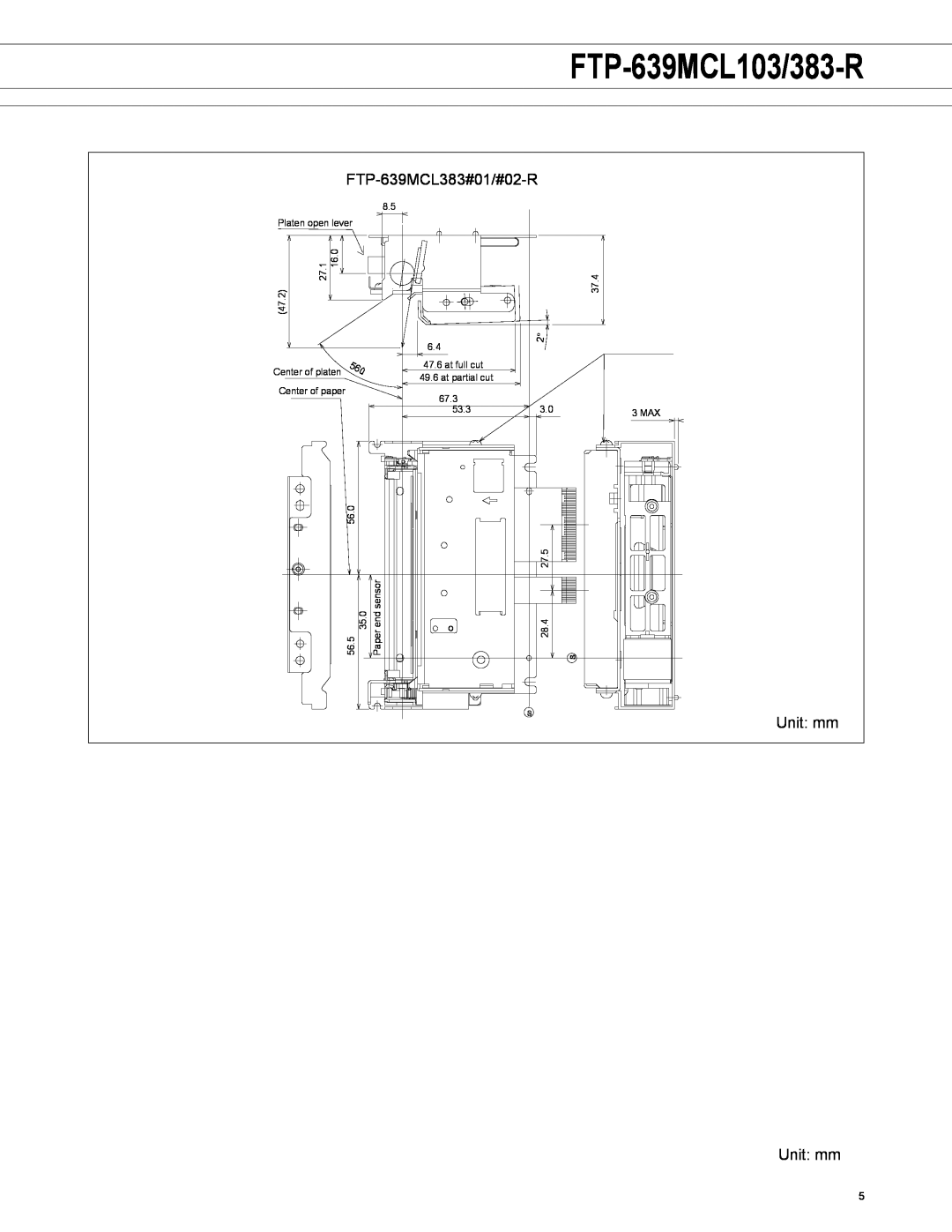 Fujitsu FTP-639MCL103/383-R Platen open lever, 47.2, 27. 6.0, 37.4, Center of platen Center of paper, 67.3, 53.3, 3 MAX 