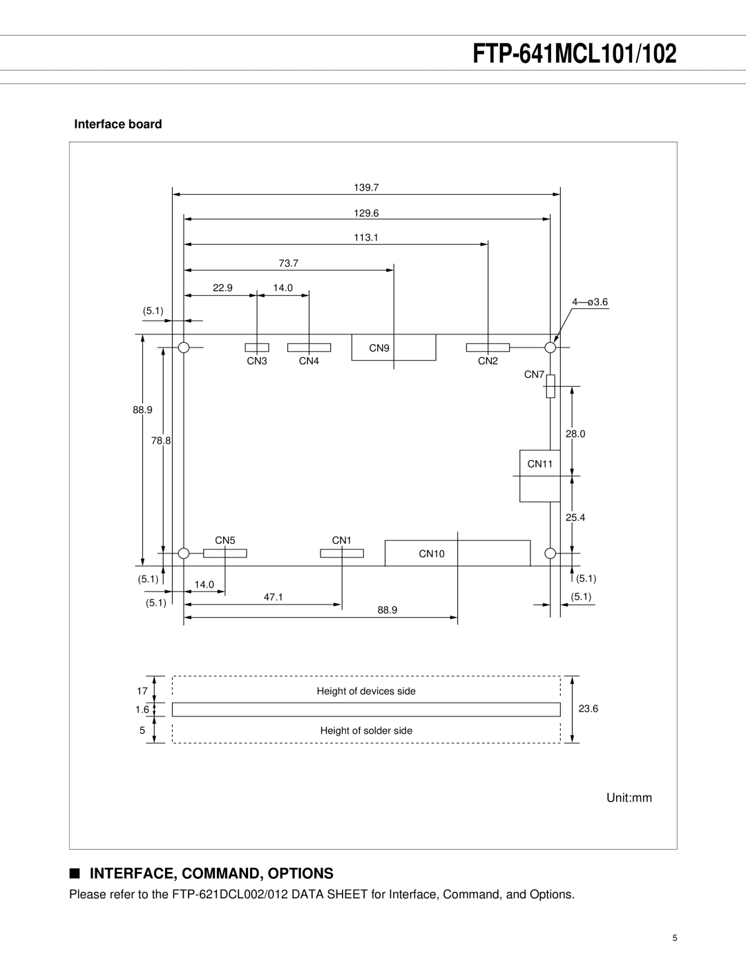 Fujitsu FTP-641MCL101/102 manual INTERFACE, COMMAND, Options, Interface board 