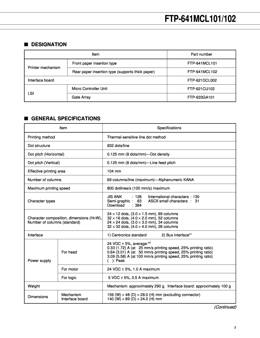 Fujitsu FTP-641MCL101/102 manual Designation, General Specifications, Continued 