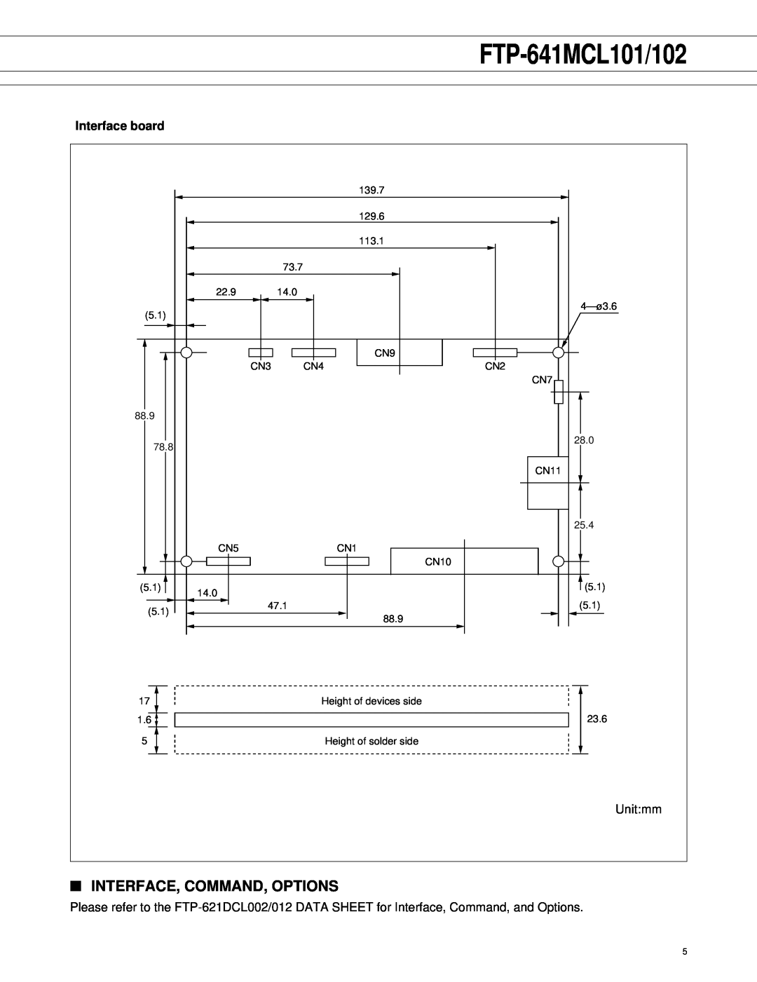 Fujitsu FTP-641MCL101/102 manual Interface, Command, Options, Interface board 