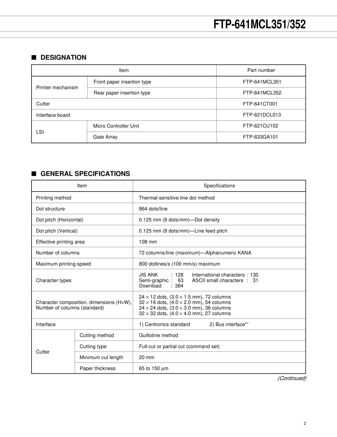 Fujitsu FTP-641MCL352, FTP-641MCL351 manual Designation, General Specifications 