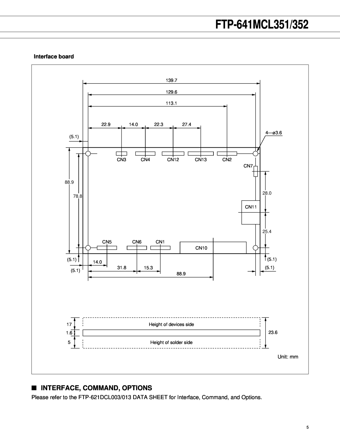 Fujitsu FTP-641MCL352 manual Interface, Command, Options, Interface board, FTP-641MCL351/352 