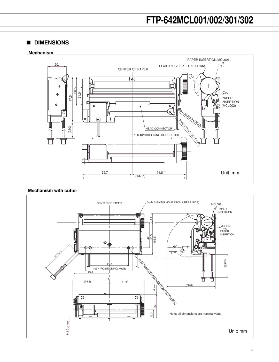 Fujitsu FTP-642MCL302, FTP-642MCL002, FTP-642MCL301, FTP-642MCL001 manual Dimensions, Mechanism with cutter 