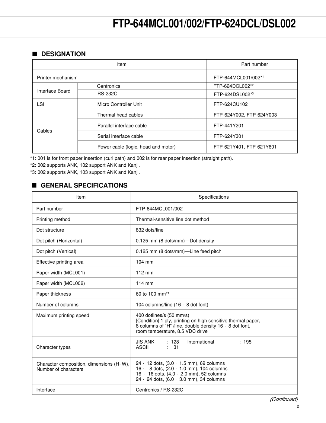 Fujitsu FTP-644MCL002, FTP-644MCL001 manual Designation, General Specifications 